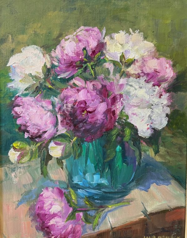 Peonies-in-a-blue-vase-11x14-oil-on-board-